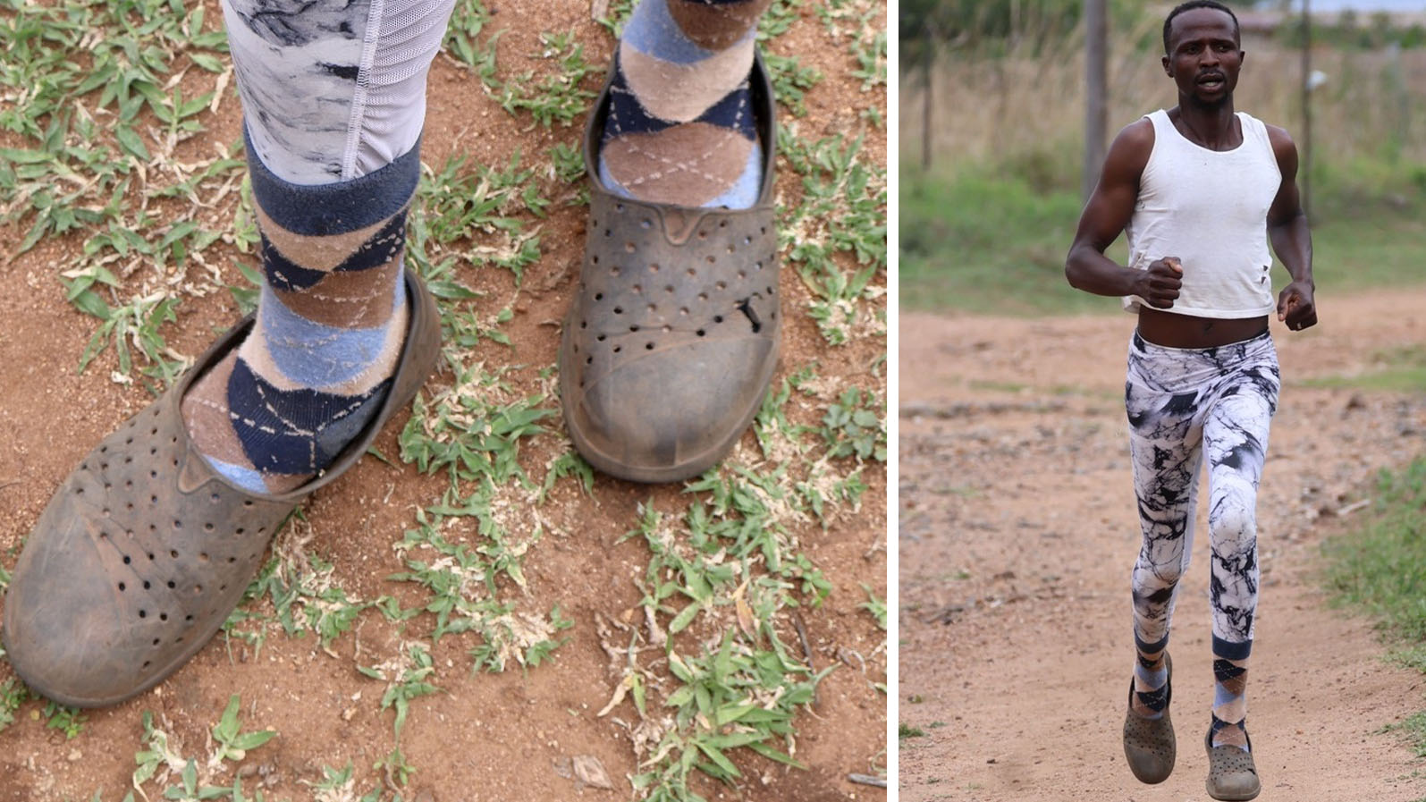The winning shoes which Nkhosinathi Mavimbela was wearing. Nkhosinathi Mavimbela running towards the finish line with the ‘gogo’ shoes. (Pics: Joseph Zulu)